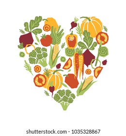 Papercut style vegetables heart shape composition. Organic vegetables. Vector illustration