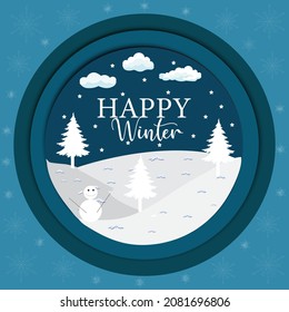 Papercut-Stil der Winterlandschaft mit Wolken, weißen Bäumen und Schneemann. WinterNature Grußkartendesign. Vektorgrafik.