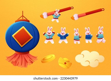 Papercut style year of the rabbit element set isolated on yellow background. Including Chinese brush, tiny bunnies, coin, gold ingot, cloud, and lantern.