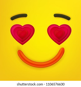 Papercut styled character with leyered heart form eyes and 3d smile. Vector illustration. Bright yellow and pink colors, cute design.