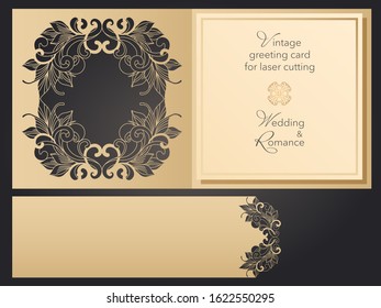 Papercut template, laser cut gift card, packaging. Openwork wedding design for greeting card, invitation, save the date, cover, menu. Contour drawing of a pattern in modern style.