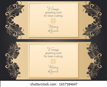 Papiertafel, lasergeschnittene Geschenkkarte, Verpackung. Openwork Hochzeit Design für Grußkarte, Einladung, speichern Sie das Datum, Cover, Menü. Konturzeichnung eines Musters im modernen Stil.