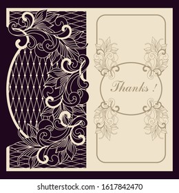 Papercut template for openwork greeting card. Wedding card design, invitation, save the date. Laser cutting of paper, delicate pattern with curls.