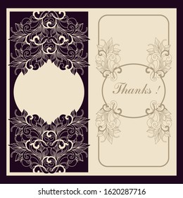 Papercut template for openwork greeting card. Wedding card design, invitation, save the date. Laser cutting of paper, delicate pattern with curls.