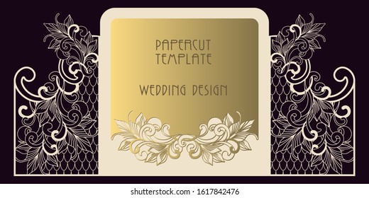 Papercut template for wedding design. Laser cutting of paper and cardboard. Openwork greeting card-gate, with two wings. Art Nouveau pattern.