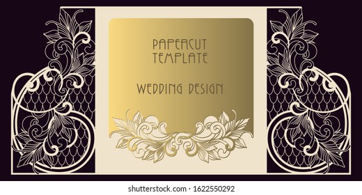 Papercut template for wedding design. Laser cutting of paper and cardboard. Openwork greeting card-gate, with two wings. Art Nouveau pattern.