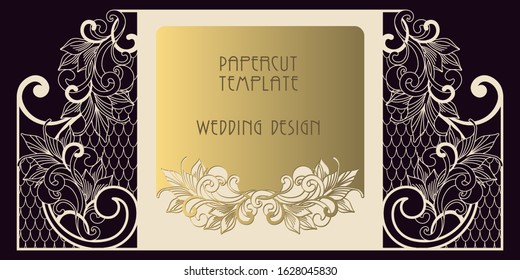 Papercut template for wedding design. Laser cutting of paper and cardboard. Openwork greeting card-gate, with two wings. Art Nouveau pattern.