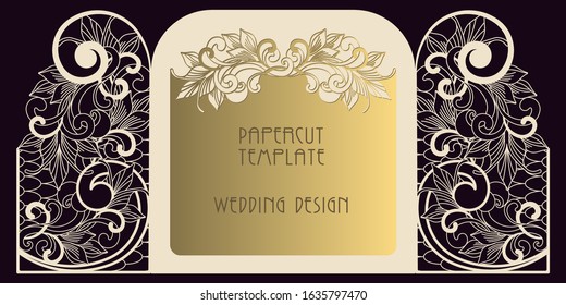 Papercut template for wedding design. Laser cutting of paper and cardboard. Openwork greeting card-gate, with two wings. Art Nouveau pattern.