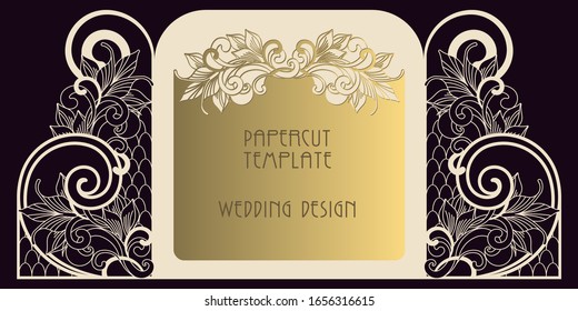 Plantilla de papel para el diseño de bodas. Corte láser de papel y cartón. Puerta de bienvenida abierta, con dos alas. Decoración Art Nouveau.