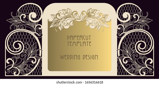 Paperschnitt-Vorlage für Hochzeitsdesign. Laserschneiden von Papier und Pappe. Das Grußkartentor mit zwei Flügeln ist am Eingang zu sehen. Jugendstil-Muster.
