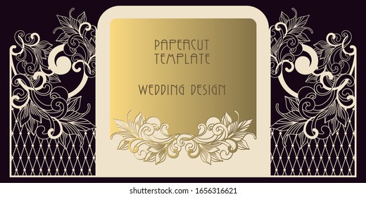 Papercut template for wedding design. Laser cutting of paper and cardboard. Openwork greeting card-gate, with two wings. Art Nouveau pattern.