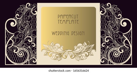 Papercut template for wedding design. Laser cutting of paper and cardboard. Openwork greeting card-gate, with two wings. Art Nouveau pattern.