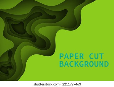 Papercut top view background has a wavy shape. Green overlap hole with multiple layers and space.