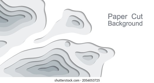 Papercut topography background, 3d multi layers. Abstract origami paper cut relief map, web banner. Gray and white ground levels, modern trendy design. Vector illustration