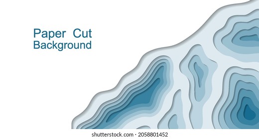 Papercut topography background, 3d multi layers. Abstract origami paper cut relief map, web banner. Blue and teal sea water levels, modern trendy design. Vector illustration