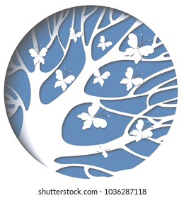 Papercut. tree, butterfly paper. cutting on paper