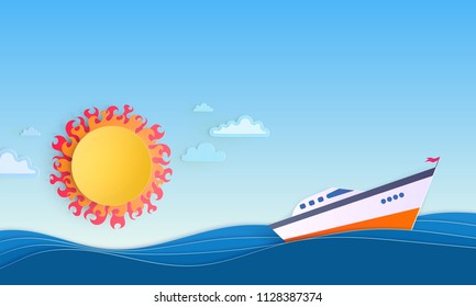 Papercut vector Illustration. Ship swims in broad daylight.