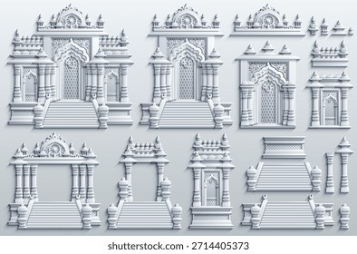 Papercut vector set of ornate temple architecture elements with arches, pillars and stairs, crafted in layered traditional style for modular compositions and design projects. Hand drawn, not AI