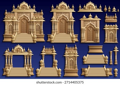 Vetor de papel conjunto de elementos ornamentados da arquitetura do templo com arcos, pilares e escadas, trabalhados em estilo tradicional em camadas para composições modulares e projetos de design. Desenhado à mão, não com IA