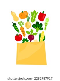 Papercut vegetables in grocery bag isolated on white background. Healthy food and diet concept. Eco friendly shopping. Delivery of fresh products. Organic products delivery in paper package.