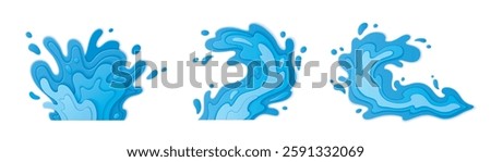 Papercut water splashes set isolated on white background. Vector realistic illustration of blue ocean, sea or river waves with drops, summer resort, cosmetics, drink, ecology saving poster elements