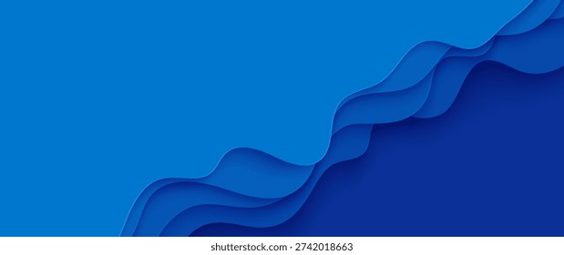 Papercut wave topography background with navy blue water pattern. Abstract paper cut river sea shape for deep ocean environment vector design. Craft cutout cardboard with diagonal wavy layered teture