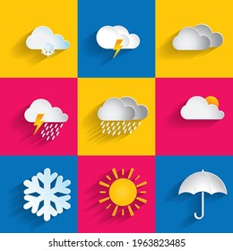 Paper-cut weather icon with colorful background. Vector illustration. White clouds, rain sign, sunny day, thunderstorm, cloudy, sunny day, snow, sun and umbrella for weather forecast design.