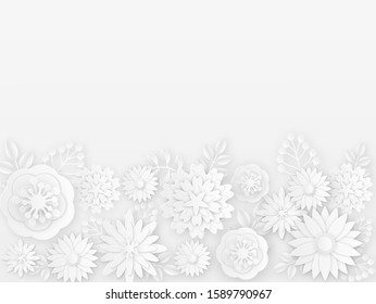 Papercut white flowers. Spring, summer paper origami floral elements. Creative composition bouquet, sakura ornament, wedding card vector decorative abstract border templates