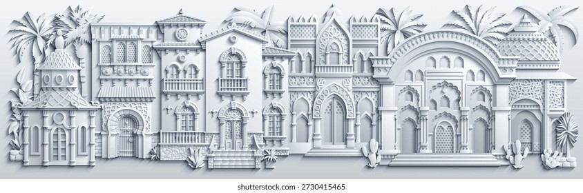Papercut Vector blanco de villa mediterránea con balcones, arcos y plantas tropicales, aspecto de escultura de papel en capas, elegante fachada simétrica. Dibujado a mano, no AI