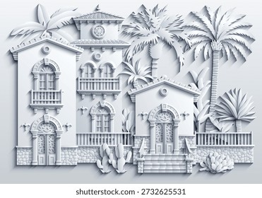 Papercut Vector blanco de villa mediterránea con balcones, arcos y plantas tropicales, aspecto de escultura de papel en capas, elegante fachada simétrica. Dibujado a mano, no AI