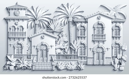 Papercut Vector blanco de villa mediterránea con balcones, arcos y plantas tropicales, aspecto de escultura de papel en capas, elegante fachada simétrica. Dibujado a mano, no AI