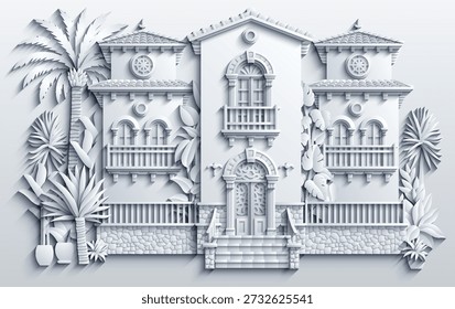 Papercut Vector blanco de villa mediterránea con balcones, arcos y plantas tropicales, aspecto de escultura de papel en capas, elegante fachada simétrica. Dibujado a mano, no AI