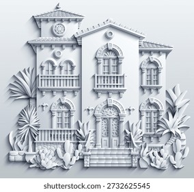 Papercut Vector blanco de villa mediterránea con balcones, arcos y plantas tropicales, aspecto de escultura de papel en capas, elegante fachada simétrica. Dibujado a mano, no AI