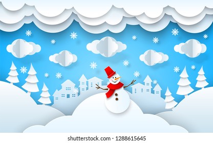 Papercut winter landscape scenery for christmas, new year background. Snowman on origami clouds with snowflakes, snowy forest trees, houses on blue sky. Holiday invitation, greeting card vector design