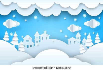 Papercut winter landscape scenery for christmas, new year background. Origami clouds with snowflakes, snowy forest trees, town houses on blue sky. Holiday invitation, greeting card vector design