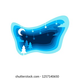 Papercut winter night with christmas trees and moon with clouds, paper art background