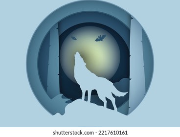 Papercut wolf howl at the full moon  Halloween Christmas design 