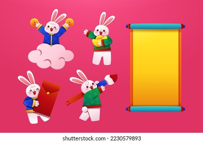 Papercut year of the rabbit element set isolated on hot pink background. Including bunnies with red envelope, riding on cloud, holding gold ingot, and writing with chinese brush. And paper scroll.