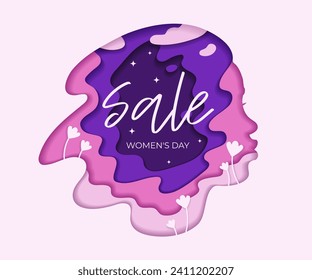 A papercut-style banner. Discounts on International Women's Day. Equality and women's rights. Vector illustration. Pink and purple colors