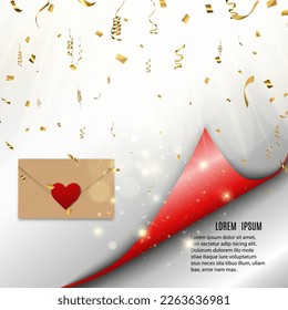 Paperhanging vector illustration. Unstuck, paper scroll backgrounds with falling confetti.