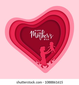 Paper-layered heart shape with text Happy Mother's Day with mother holding her infant. 
