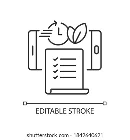 Paperless statements linear icon. Electronic bill. Online document on smartphone screen. Thin line customizable illustration. Contour symbol. Vector isolated outline drawing. Editable stroke