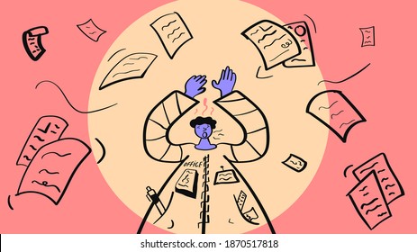 Ilustración vectorial sin papel para oficina y burocracia. Digitalización futura para organizar notas blancas modernas y lista de verificación para marketing y negocios desde la aplicación. Carácter sobre fondo rojo