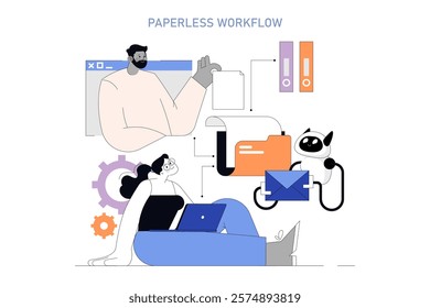 Paperless Workflow concept. Office workers integrating technology to manage documents. Seamless digital transformation with automation. Vector illustration.