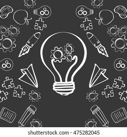 paperplane rocket gears puzzle bulb pencil big and great idea creativity icon set. Sketch and draw design. Vector illustration