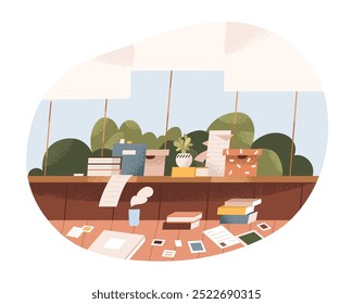 Papers, boxes, albums scattered in chaos, mess on floor and window sill. Cards, notes, books, documents, personal staff clutter, disorder at home. Flat vector illustration isolated on white background