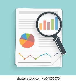 Papers with business report and magnifying glass, vector eps10 illustration