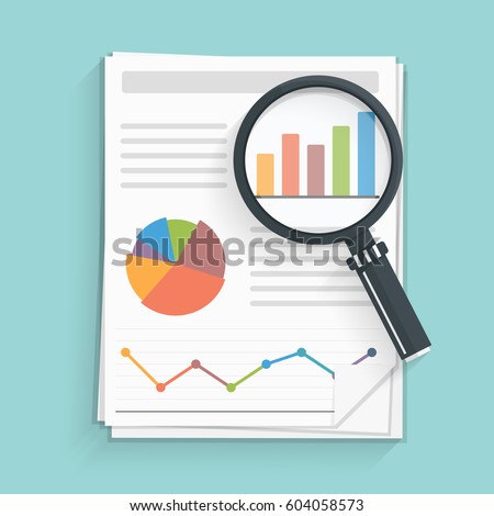 Papers with business report and magnifying glass, vector eps10 illustration