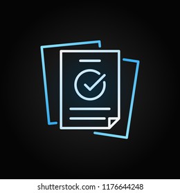 Papers with checkmark colorful line vector icon. Documents with checkmark concept symbol in thin line style on dark background