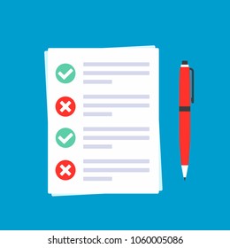 Papers with claim form on it, paper sheets, check marks tick OK and crosses X in the circle on the list, red pen isolated on light blue background flat style vector illustration